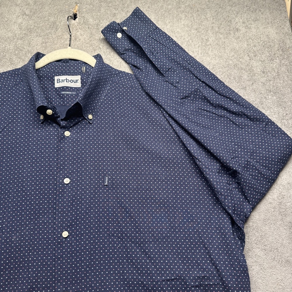 Barbour Mens Tailored Fit Shirt Navy Micro Print Button Front Long Sleeve XXL